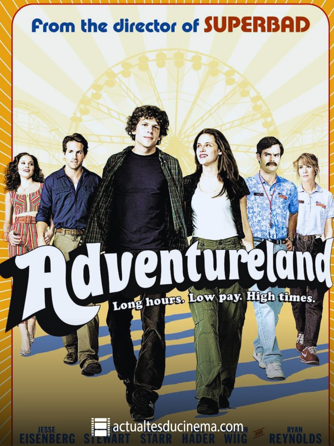 Jesse Eisenberg et Kristen Stewart sur l'affiche du film Adventureland, illustrant une ambiance de parc d'attractions rétro.
