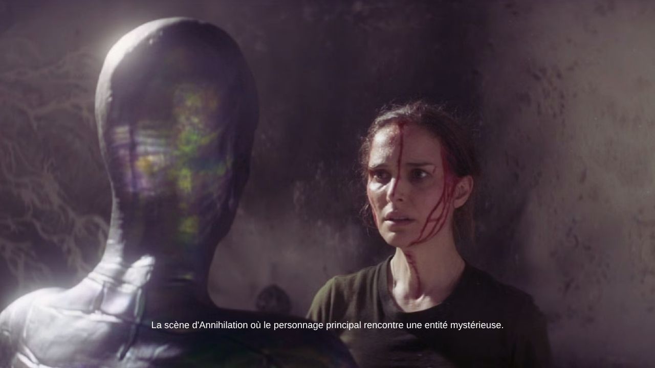 La scène du film Annihilation où le personnage principal rencontre une entité mystérieuse.