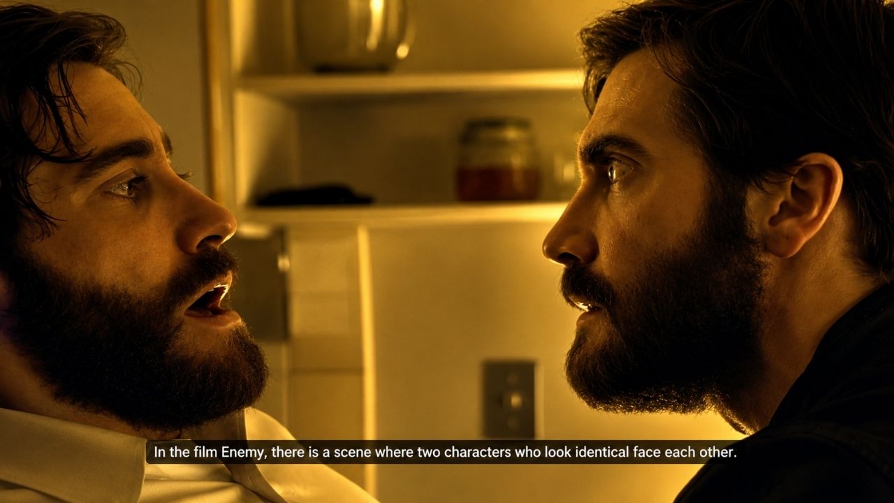 Two identical looking characters confronting each other in Enemy